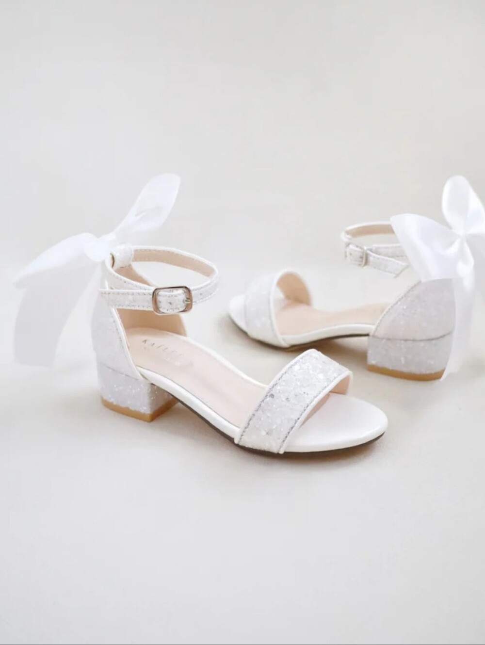 Jellypop White Glitter Bow Ankle Strap Block Heel Sandals